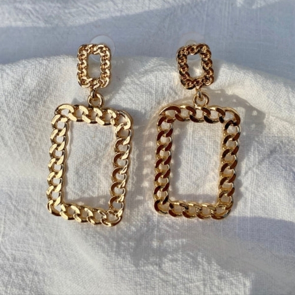 Gold Statement Earrings Metallic chunky chain link‎ square Retro💖2/$30 - Picture 4 of 13